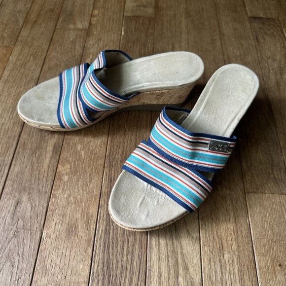Anne Klein Wedge Sandals Size 7 Striped Sailor Chic Cork Heel Summer‎ - Picture 1 of 8